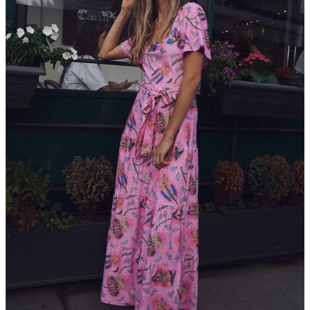 Smith & Quinn Lane Pink Floral Short Sleeves Tie Waist Maxi Dress Women’s Small
